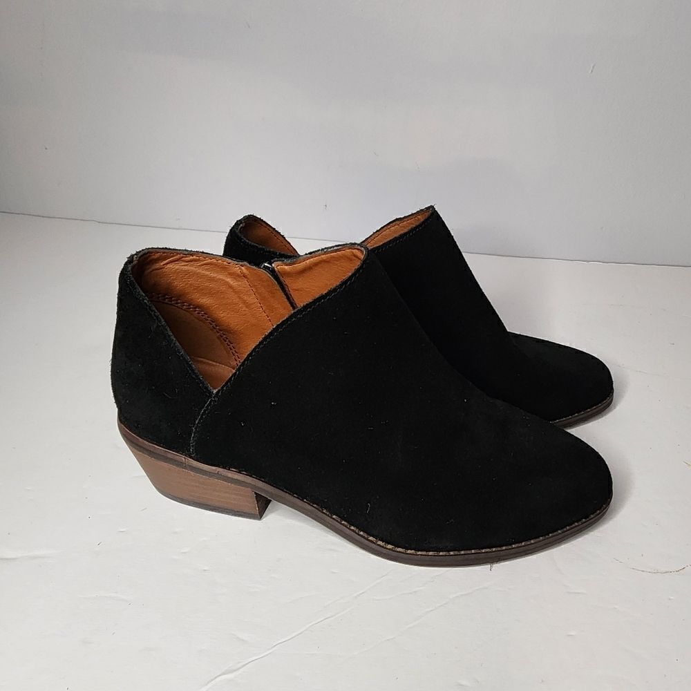 Lucky Brand Women's Fenley Boots Size 6.5 Black Suede Low Block Heel Zip Bootie